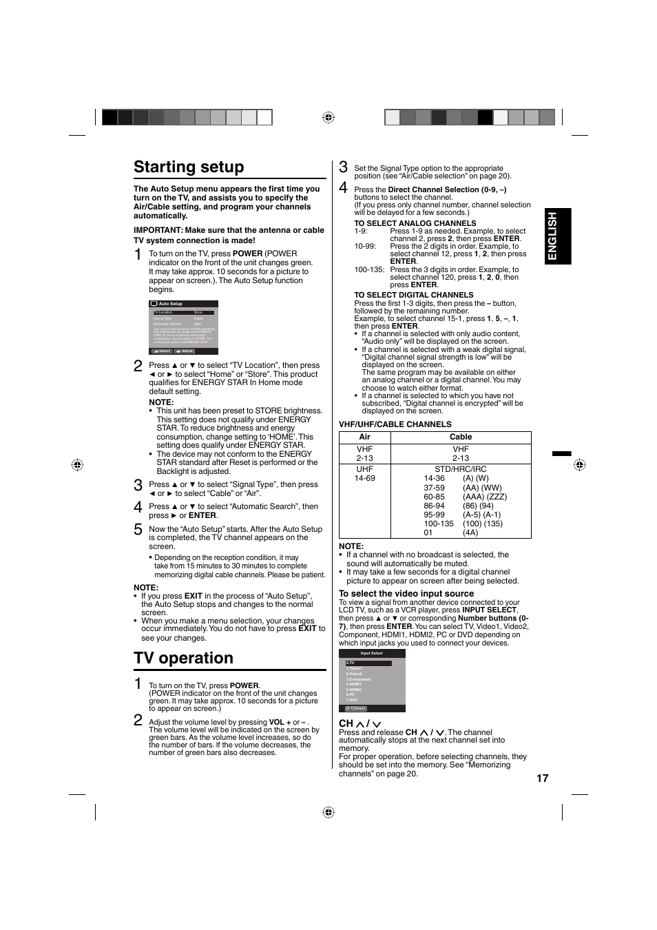 Starting setup, Tv operation 1, 17 english | Sanyo DP32671 User Manual | Page 17 / 41