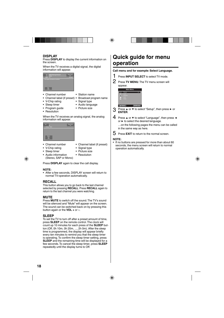 Quick guide for menu operation, Display, Recall | Mute, Sleep | Sanyo DP32671 User Manual | Page 18 / 41