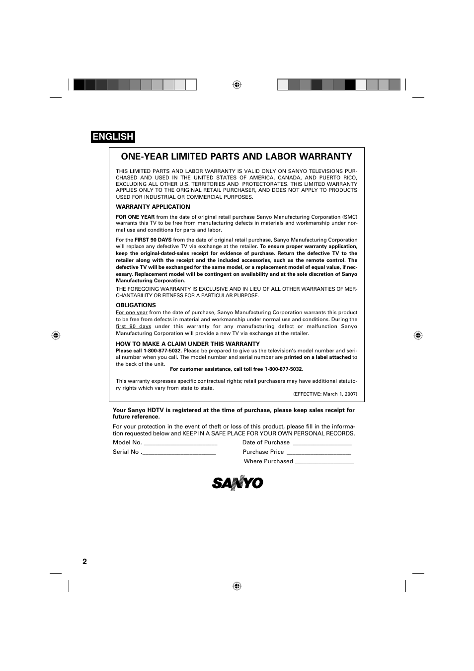 One-year limited parts and labor warranty, English | Sanyo DP32671 User Manual | Page 2 / 41