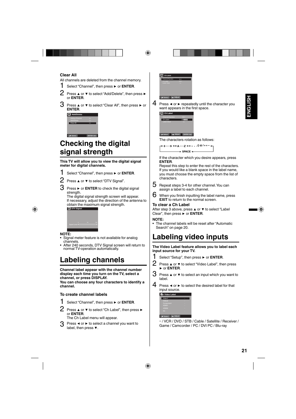 Checking the digital signal strength, Labeling channels, Labeling video inputs | 21 english | Sanyo DP32671 User Manual | Page 21 / 41