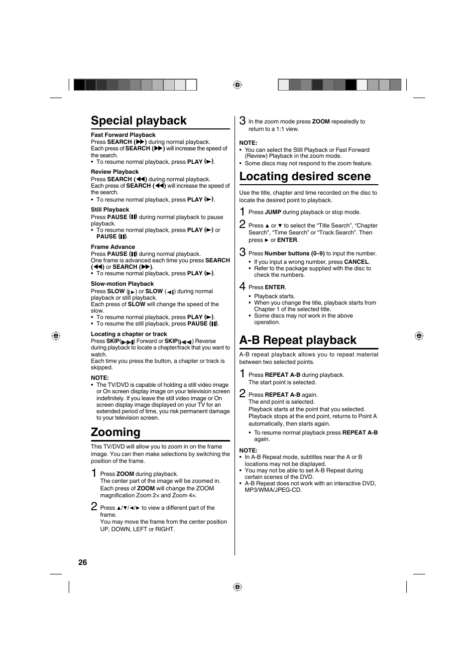 Special playback, Zooming, Locating desired scene | A-b repeat playback | Sanyo DP32671 User Manual | Page 26 / 41