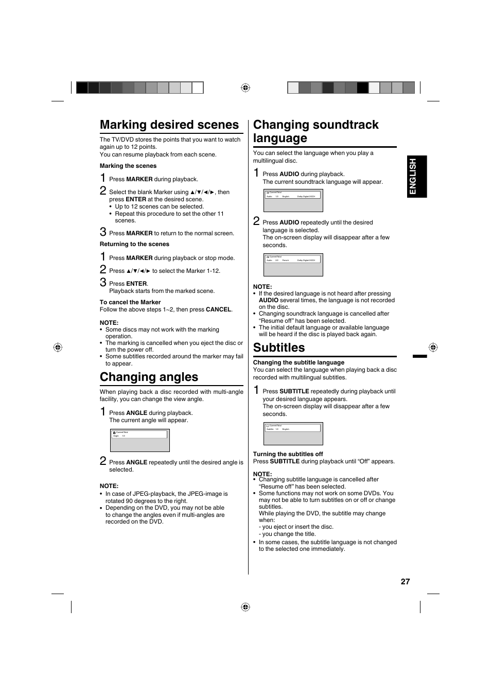 Marking desired scenes, Changing angles, Changing soundtrack language | Subtitles, 27 english | Sanyo DP32671 User Manual | Page 27 / 41