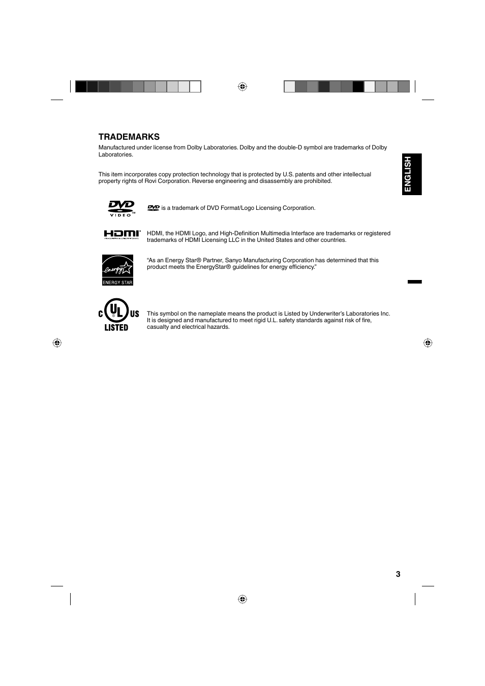 Trademarks, 3english | Sanyo DP32671 User Manual | Page 3 / 41
