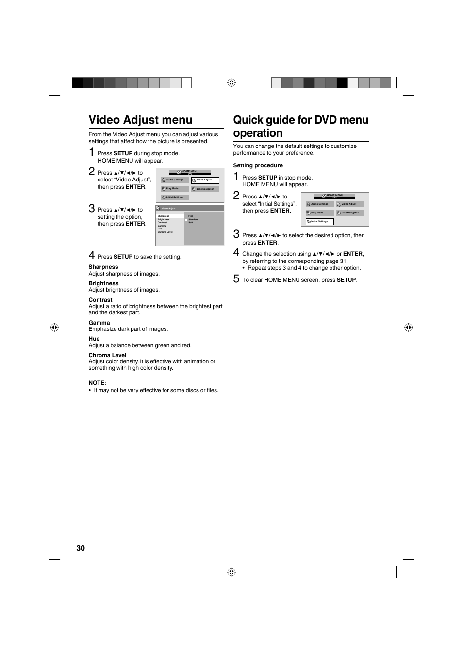 Video adjust menu, Quick guide for dvd menu operation | Sanyo DP32671 User Manual | Page 30 / 41