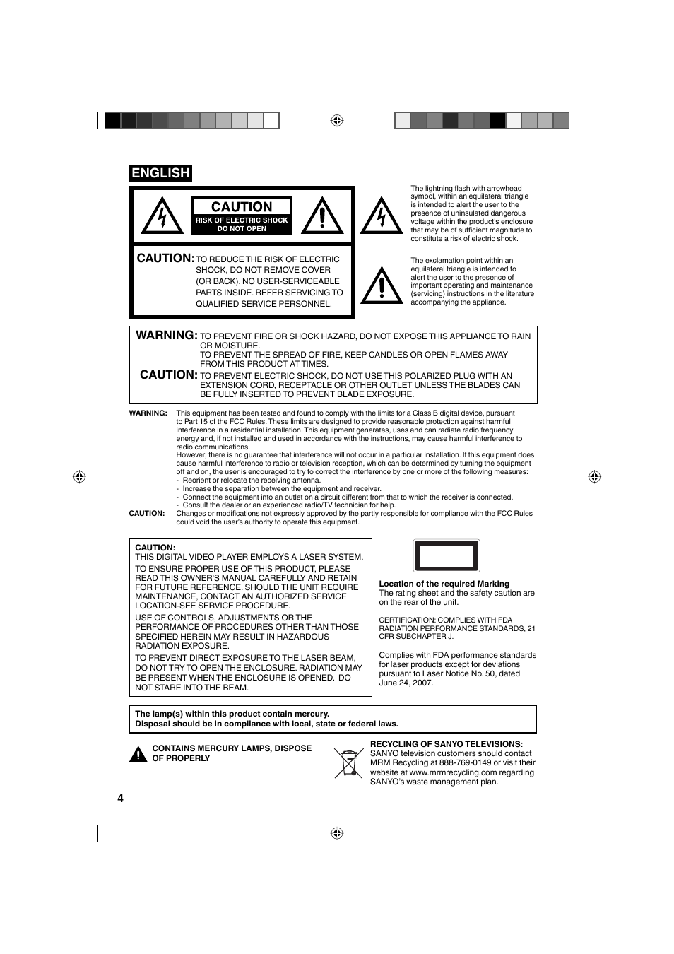 English, Caution, Warning | Sanyo DP32671 User Manual | Page 4 / 41