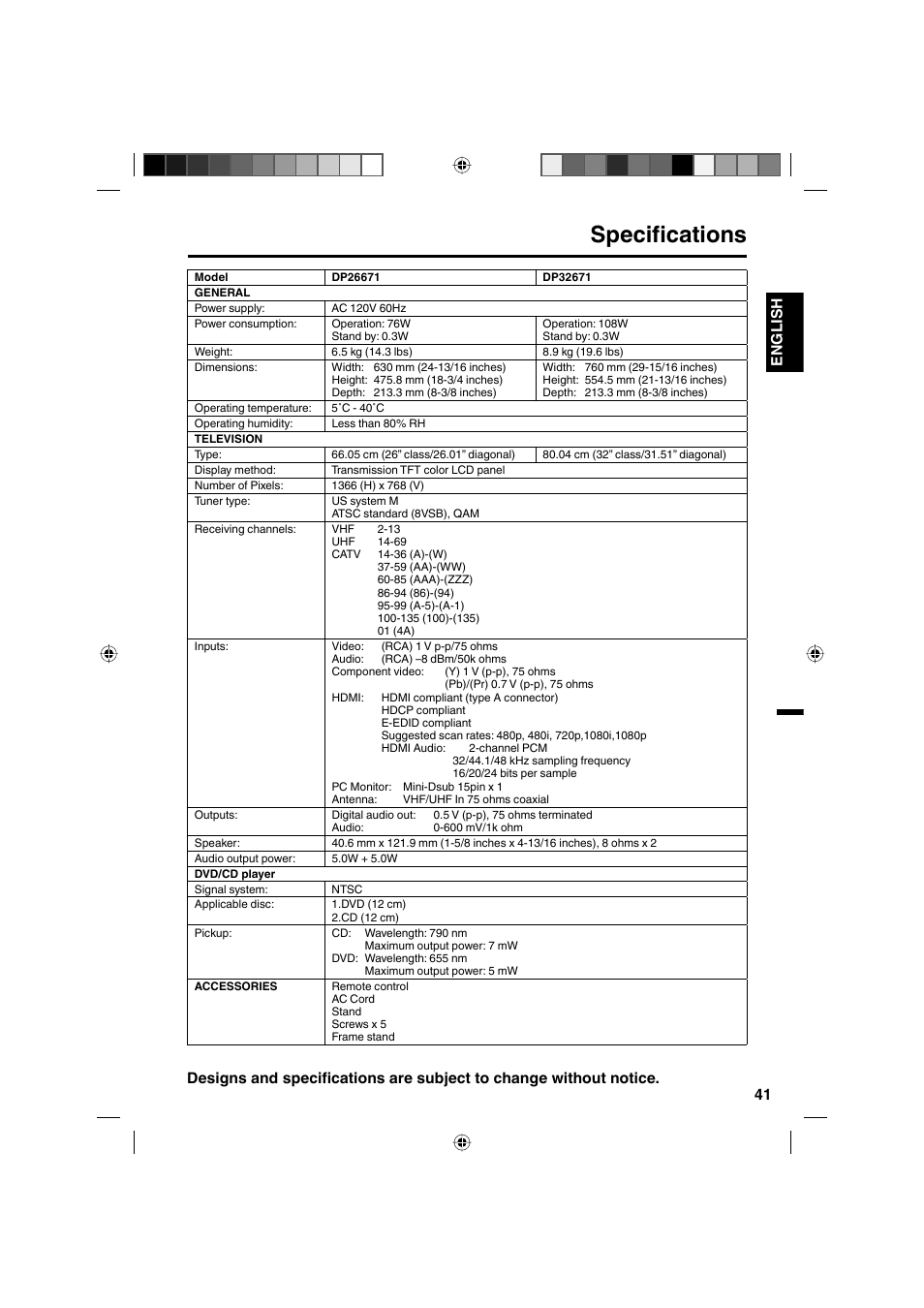 Specifications, 41 english | Sanyo DP32671 User Manual | Page 41 / 41