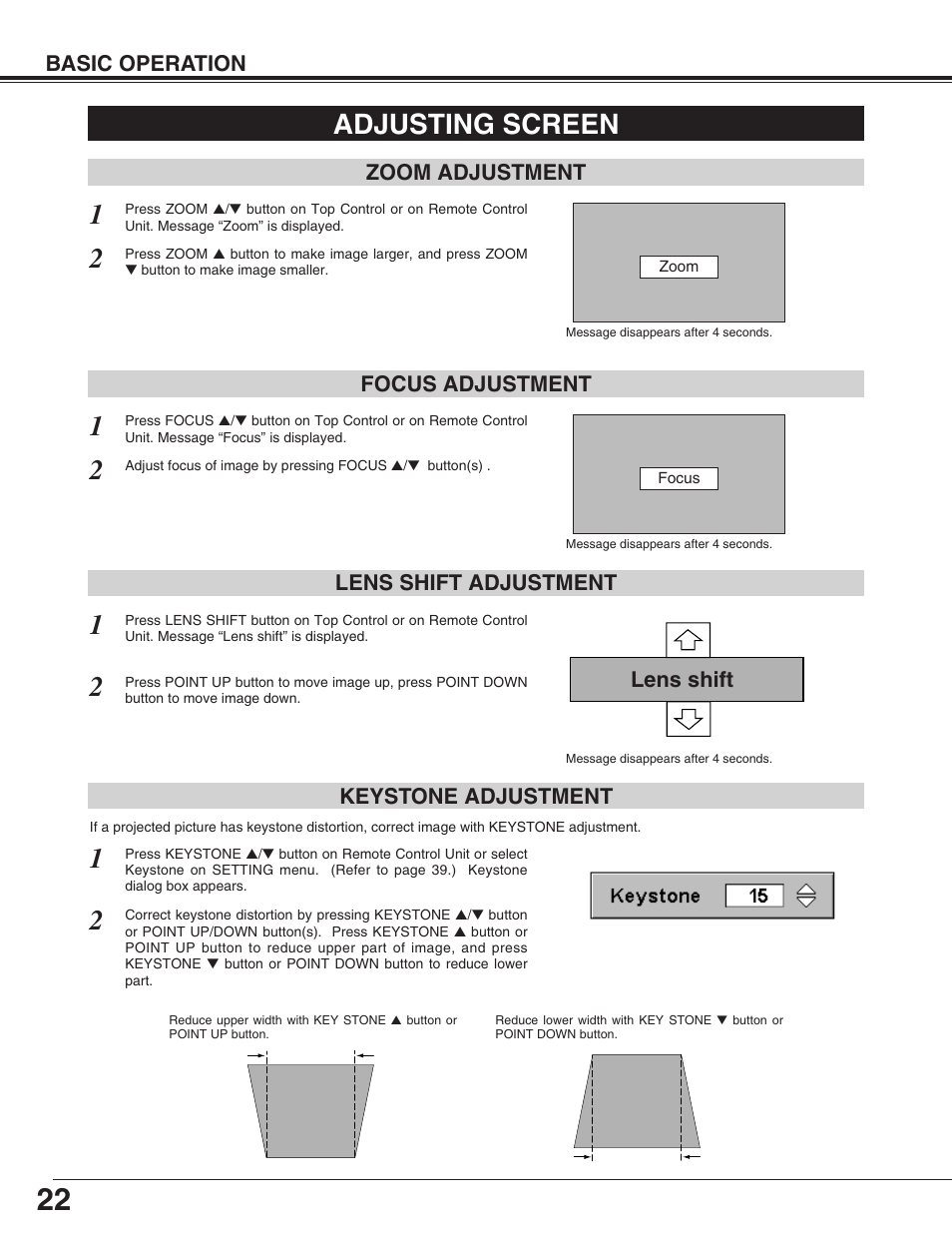 Adjusting screen, Keystone adjustment, Zoom adjustment focus adjustment | Basic operation, Lens shift lens shift adjustment | Sanyo PLC-EF31NL User Manual | Page 22 / 52