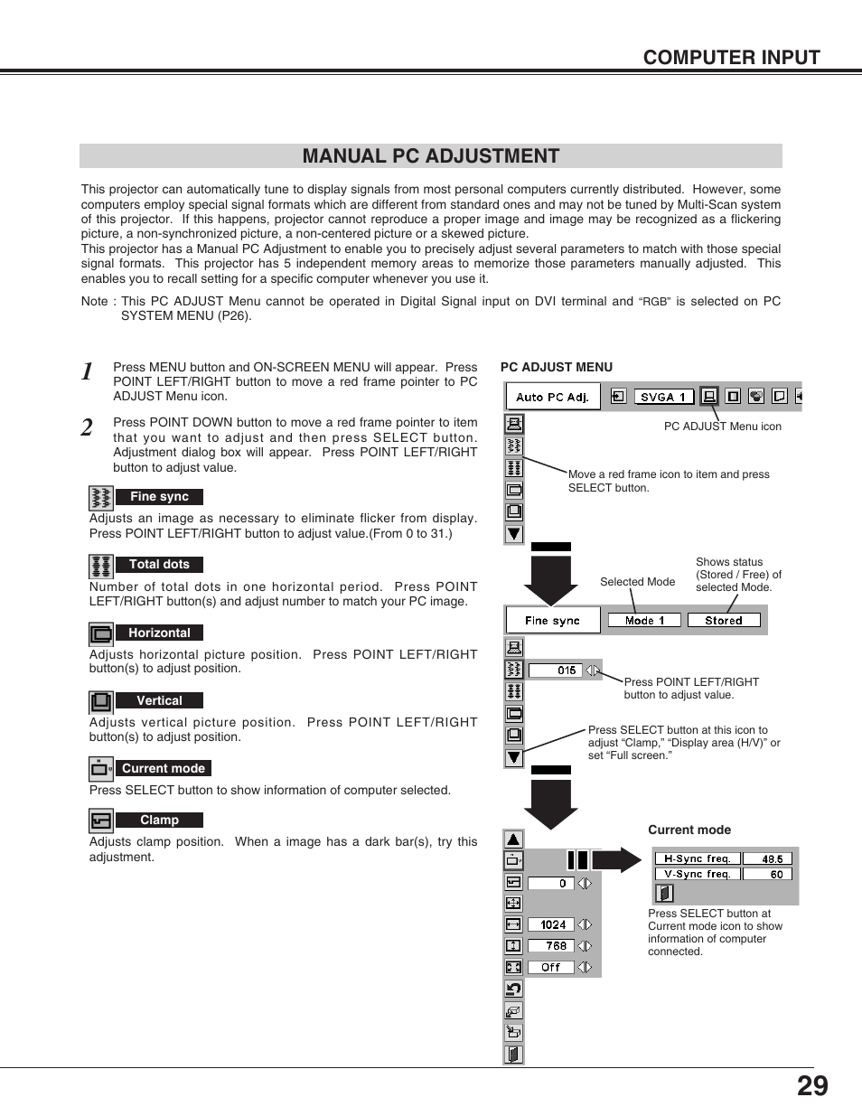 Computer input manual pc adjustment | Sanyo PLC-EF31NL User Manual | Page 29 / 52