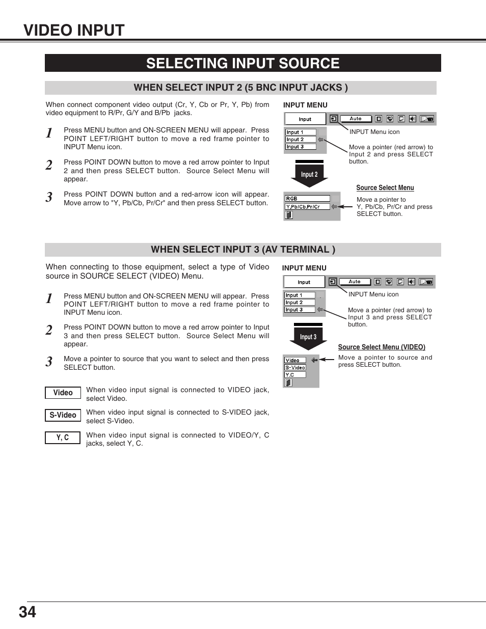 Video input, Selecting input source | Sanyo PLC-EF31NL User Manual | Page 34 / 52