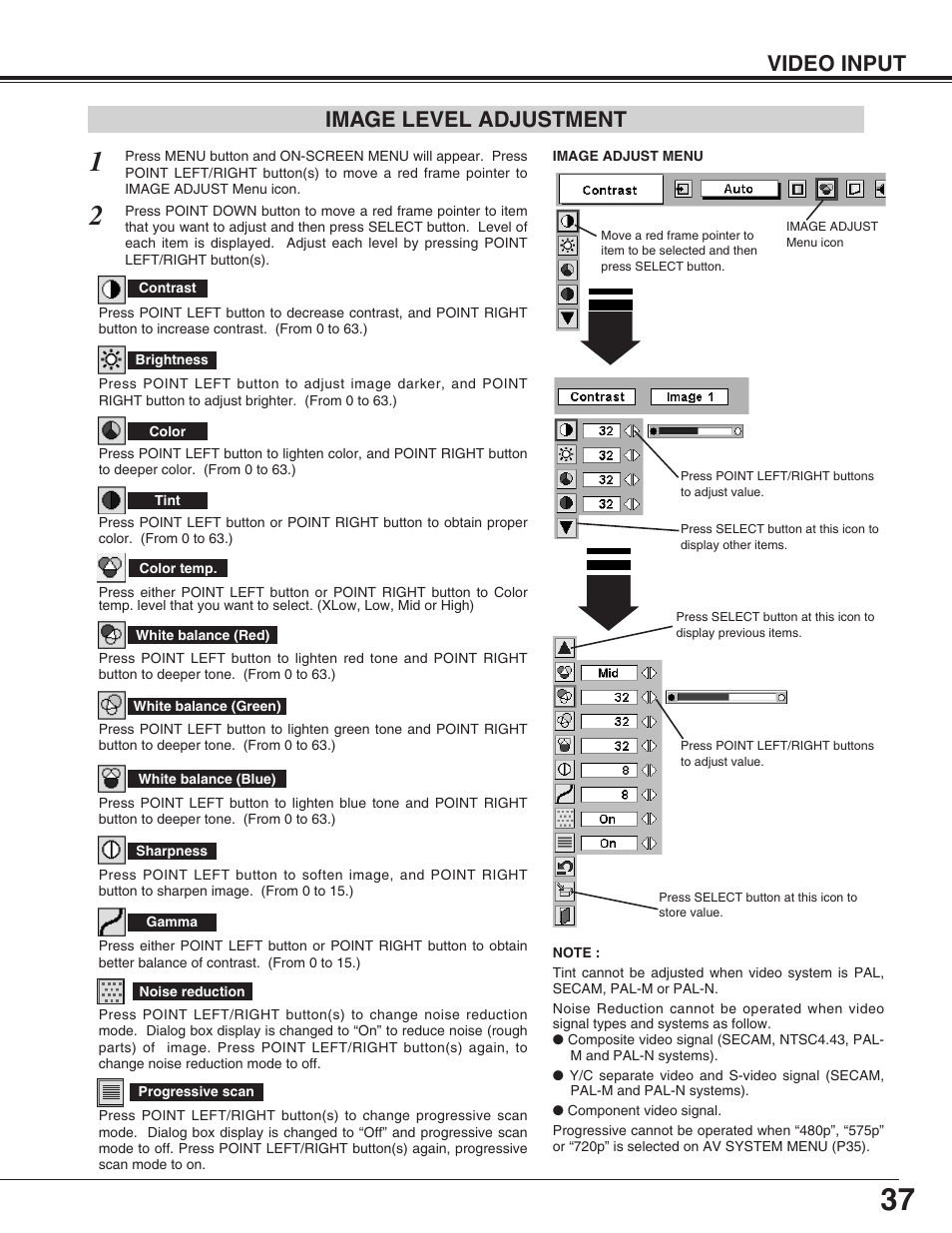 Video input, Image level adjustment | Sanyo PLC-EF31NL User Manual | Page 37 / 52