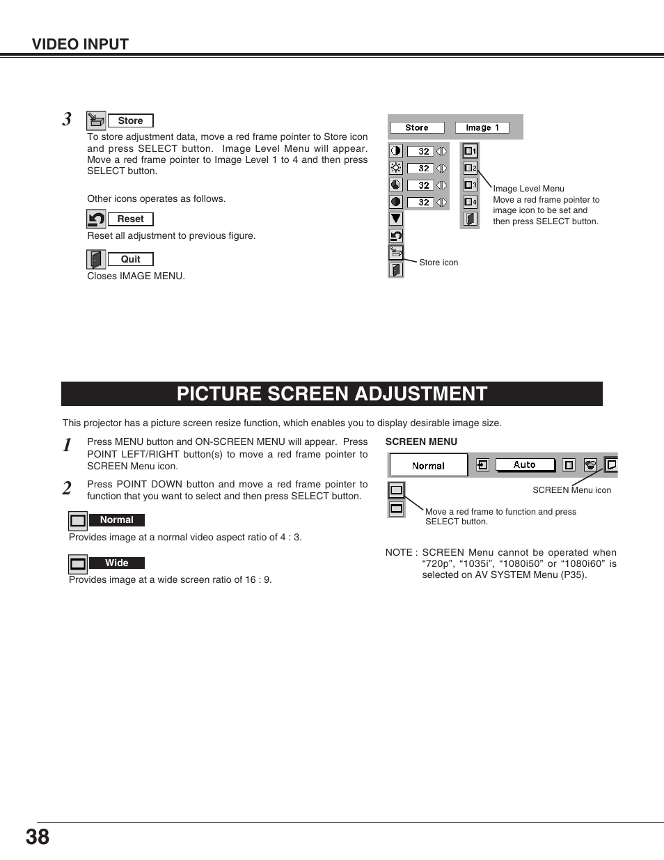 Picture screen adjustment, Video input | Sanyo PLC-EF31NL User Manual | Page 38 / 52