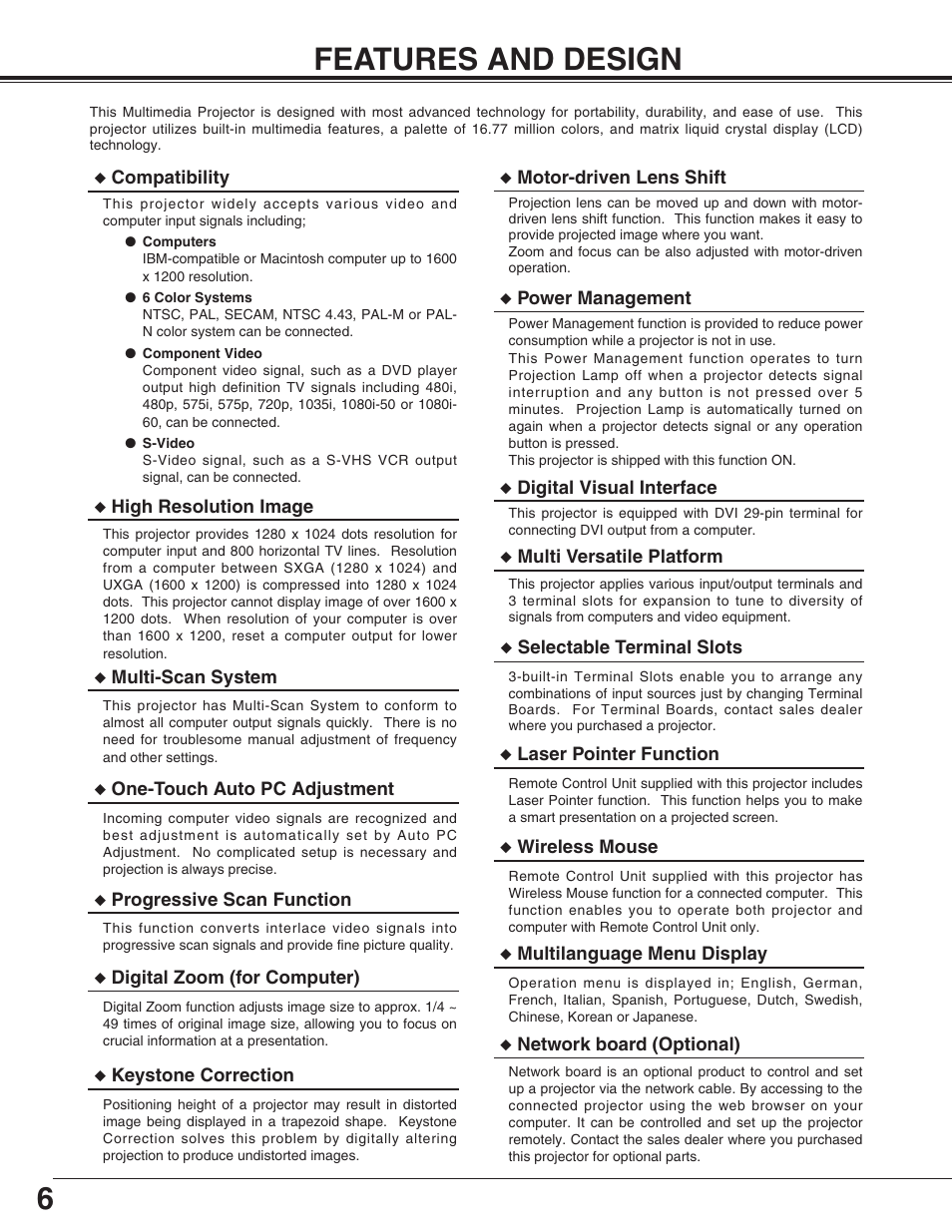 6features and design | Sanyo PLC-EF31NL User Manual | Page 6 / 52