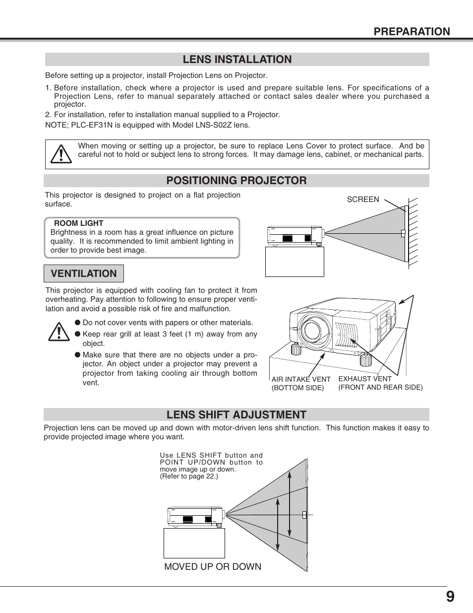 Preparation positioning projector, Lens installation, Lens shift adjustment | Sanyo PLC-EF31NL User Manual | Page 9 / 52