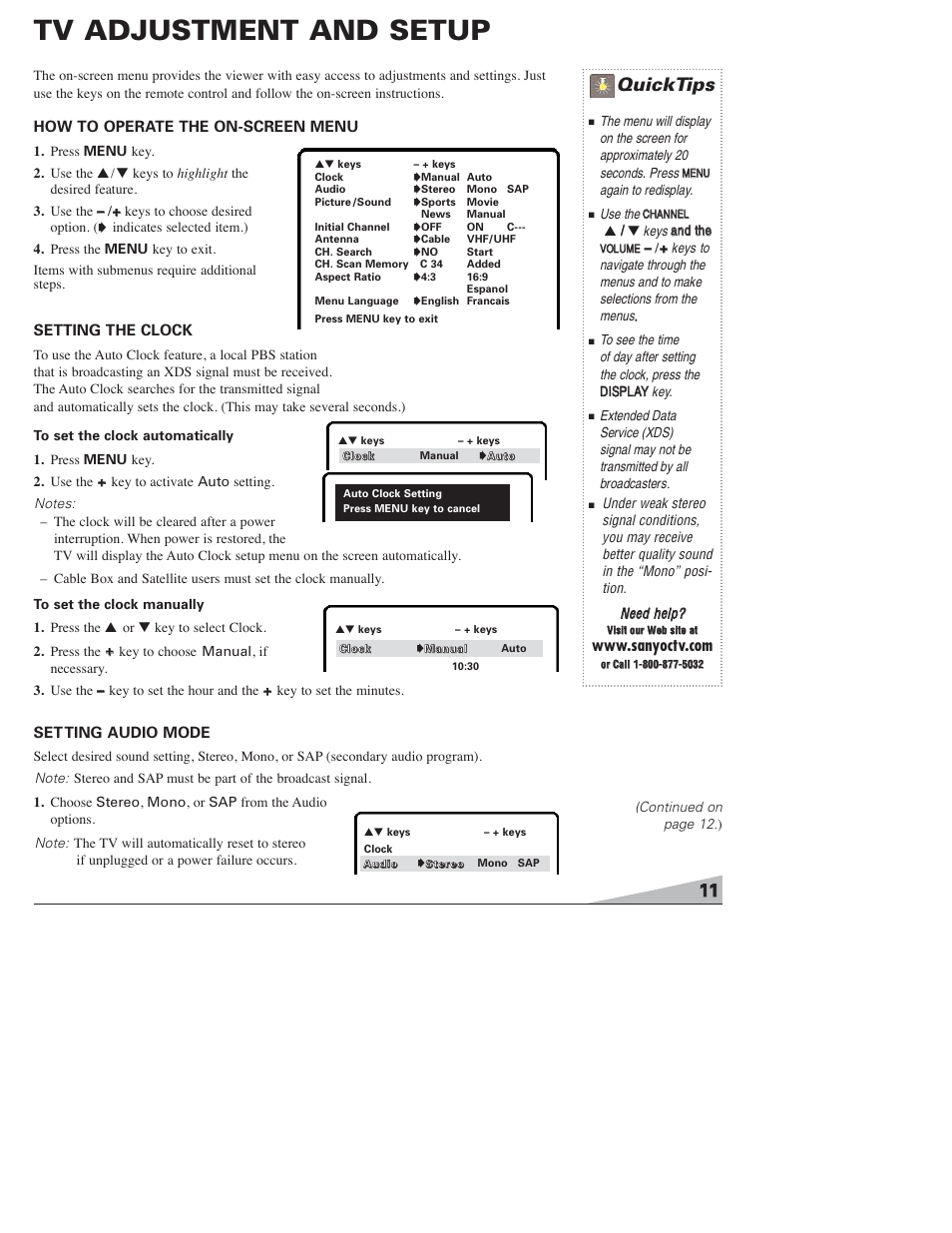 Tv adjustment and setup, Quicktips, How to operate the on-screen menu | Setting the clock, Set ting audio mode | Sanyo DS27820 User Manual | Page 11 / 64