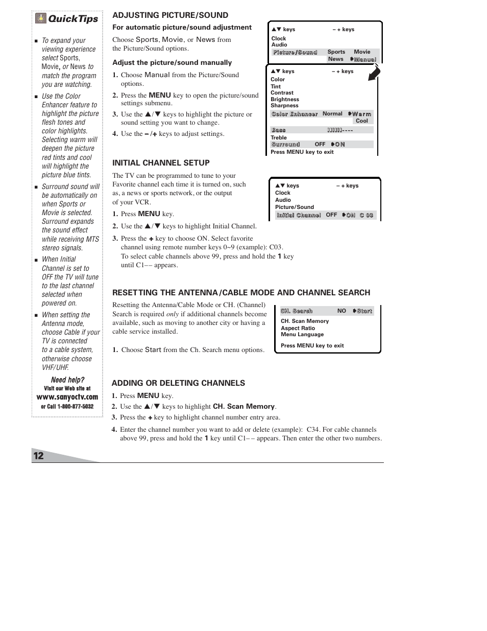 Quicktips, Adjusting picture/sound, Initial channel setup | Adding or deleting channels | Sanyo DS27820 User Manual | Page 12 / 64