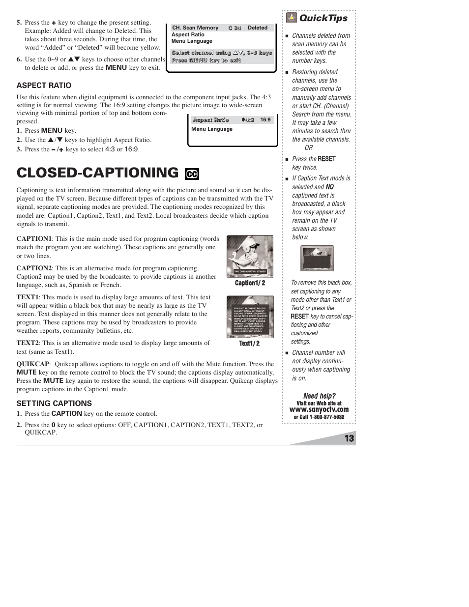 Closed-captioning, Quicktips, Aspect ratio | Set ting captions | Sanyo DS27820 User Manual | Page 13 / 64
