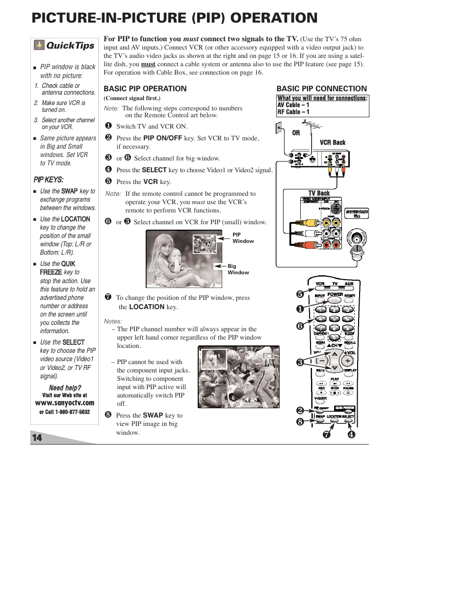 Picture-in-picture (pip) operation, Quicktips | Sanyo DS27820 User Manual | Page 14 / 64