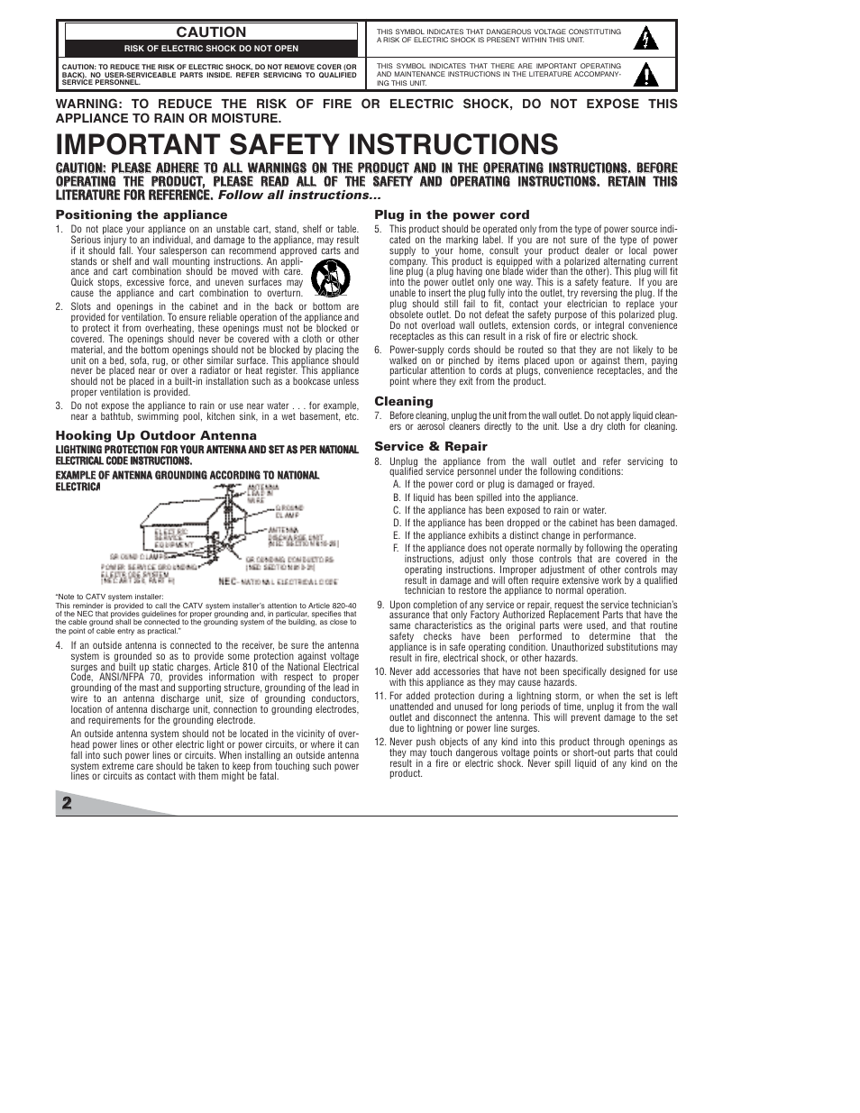 Important safety instructions | Sanyo DS27820 User Manual | Page 2 / 64