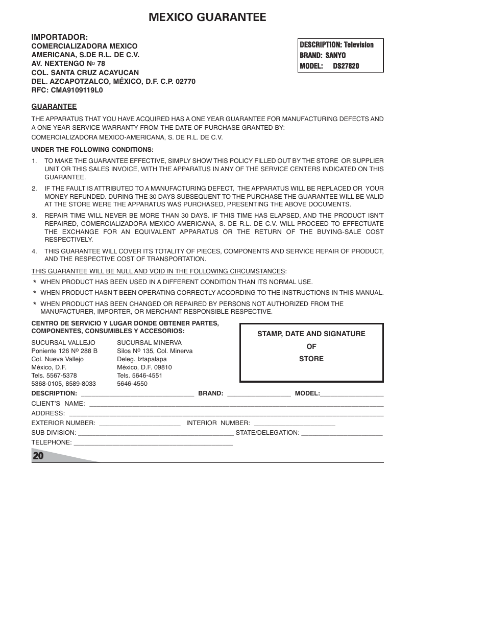 Mexico guarantee | Sanyo DS27820 User Manual | Page 20 / 64