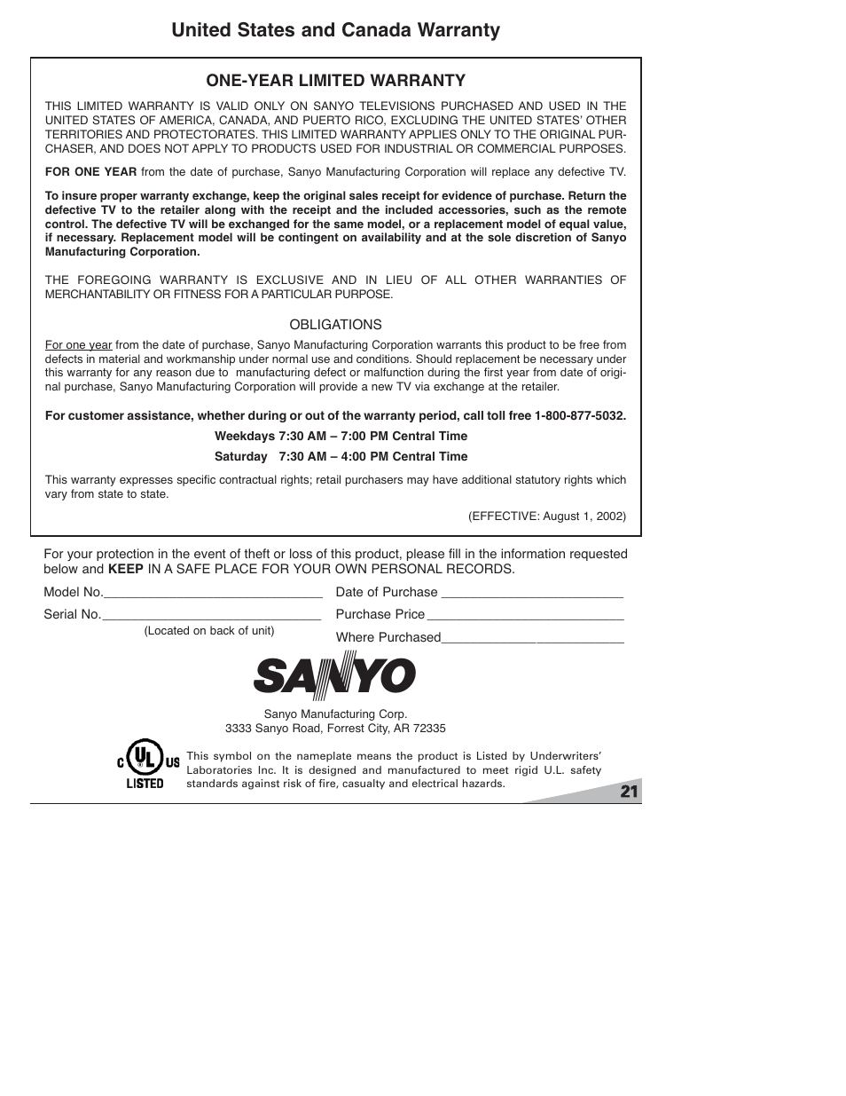 United states and canada warranty | Sanyo DS27820 User Manual | Page 21 / 64