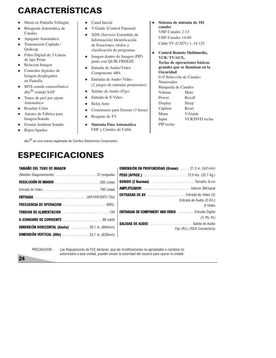 Características, Especificaciones | Sanyo DS27820 User Manual | Page 24 / 64