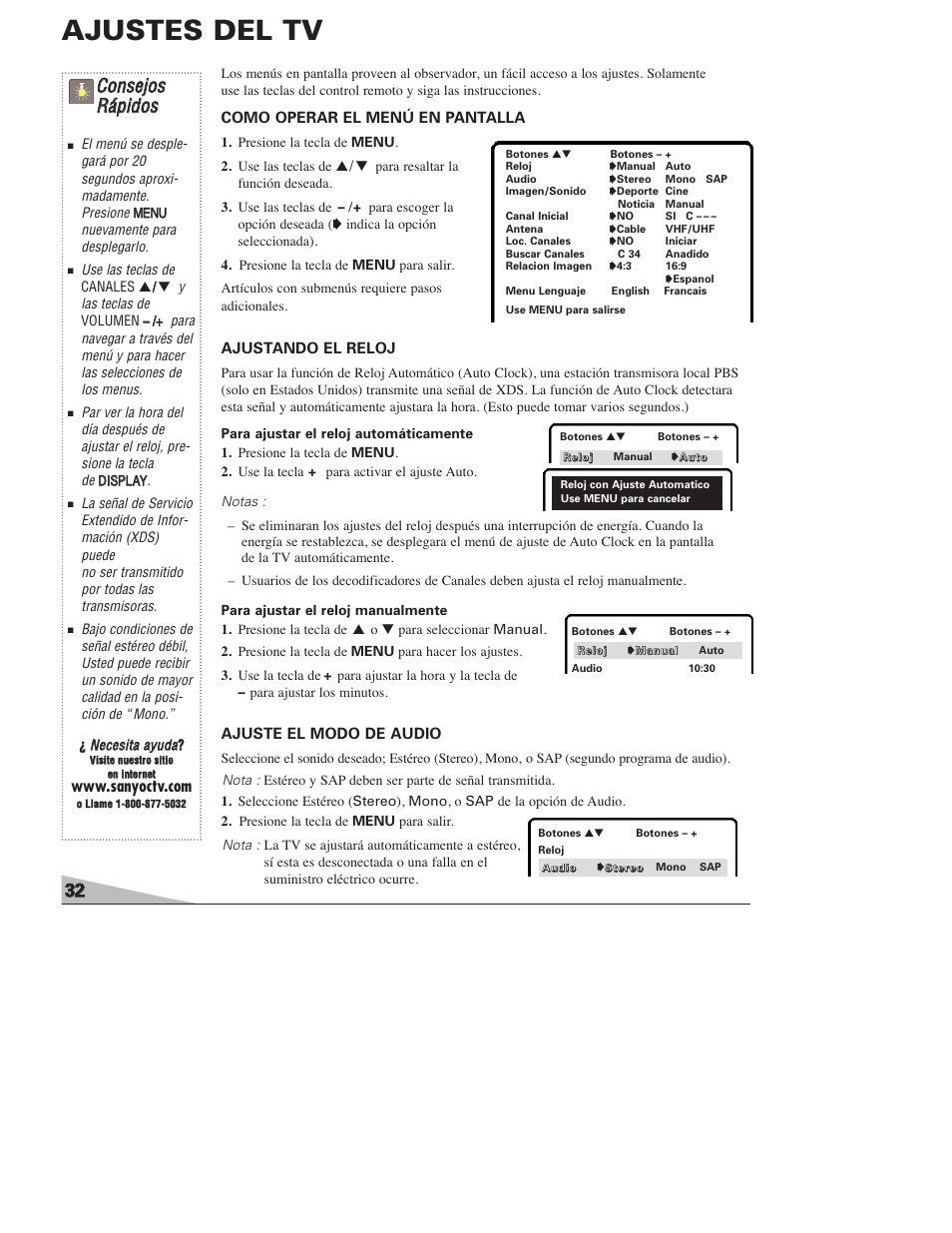 Ajustes del tv, Cco on nsseejjo oss r rááp piid do oss, Como operar el menú en pantalla | Ajustando el reloj, Ajuste el modo de audio | Sanyo DS27820 User Manual | Page 32 / 64