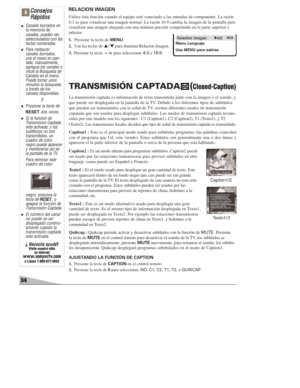 Transmisión captada, Ccllo osse ed d--c ca ap pttiio on n)), Cco on nsseejjo oss r rááp piid do oss | Sanyo DS27820 User Manual | Page 34 / 64