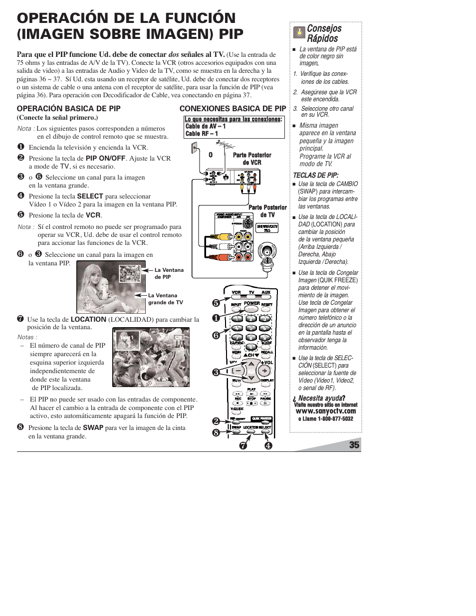 Operación de la función (imagen sobre imagen) pip, Cco on nsseejjo oss r rááp piid do oss | Sanyo DS27820 User Manual | Page 35 / 64