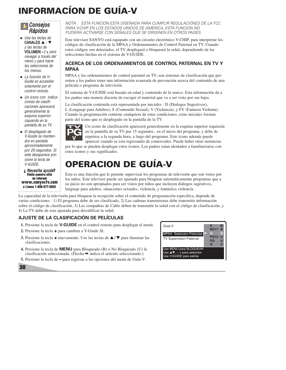 Informacíon de guía-v, Operacion de guía-v, Cco on nsseejjo oss r rááp piid do oss | Sanyo DS27820 User Manual | Page 38 / 64