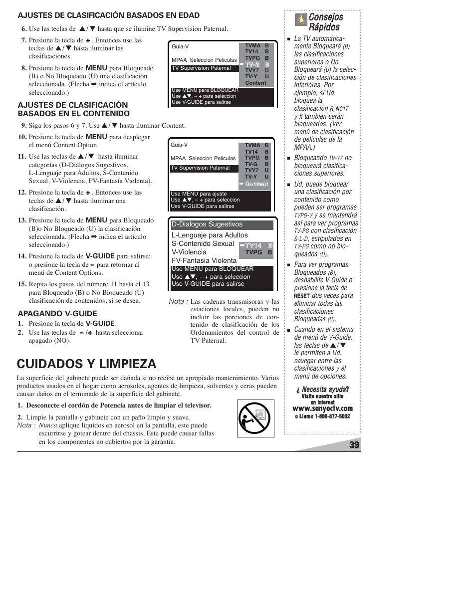 Cuidados y limpieza, Cco on nsseejjo oss r rááp piid do oss | Sanyo DS27820 User Manual | Page 39 / 64