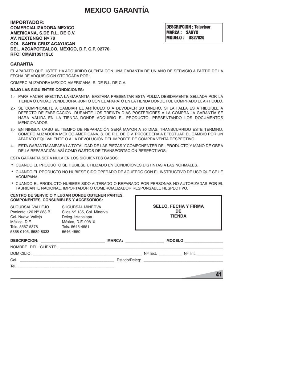 Mexico garantía | Sanyo DS27820 User Manual | Page 41 / 64