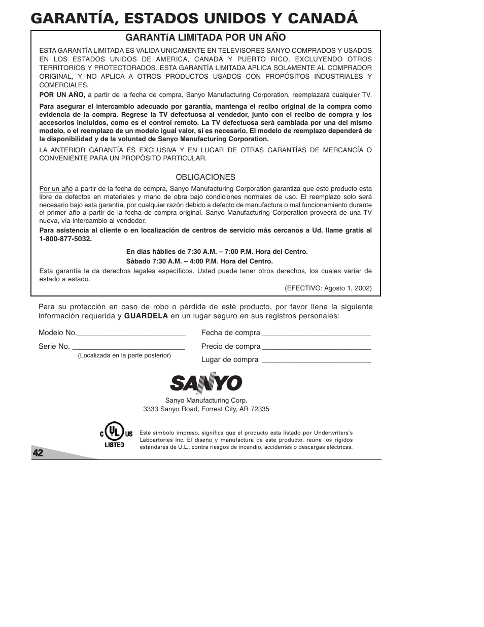 Garantía, estados unidos y canadá | Sanyo DS27820 User Manual | Page 42 / 64