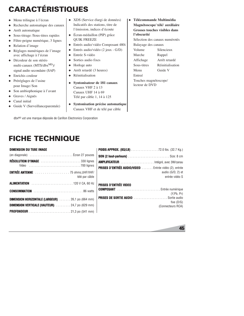Caractéristiques, Fiche technique | Sanyo DS27820 User Manual | Page 45 / 64