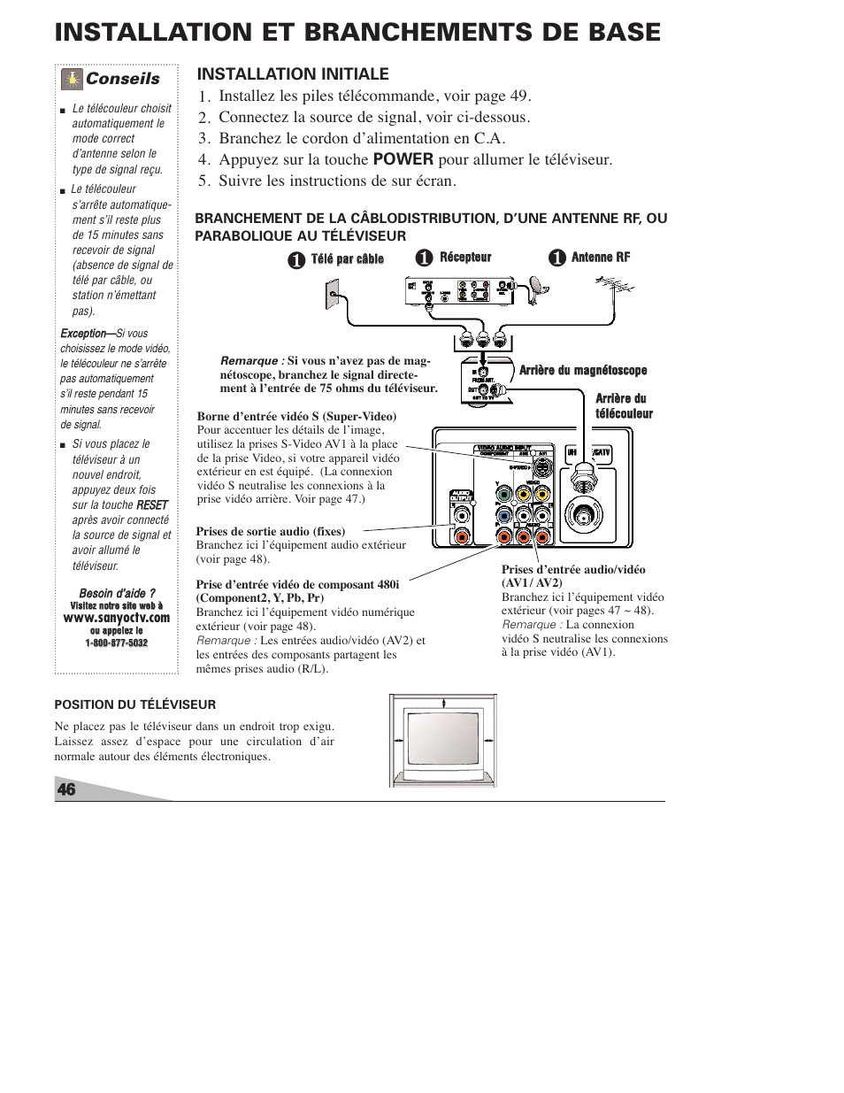Installation et branchements de base, Conseils | Sanyo DS27820 User Manual | Page 46 / 64