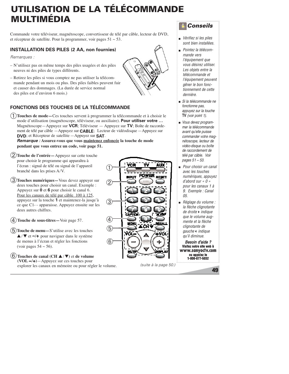 Utilisation de la télécommande multimédia, Conseils | Sanyo DS27820 User Manual | Page 49 / 64