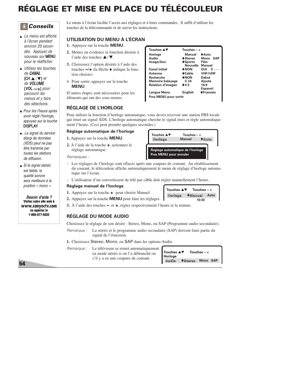 Réglage et mise en place du télécouleur, Conseils, Utilisation du menu à l’écran | Réglage de l’horloge, Réglage du mode audio | Sanyo DS27820 User Manual | Page 54 / 64