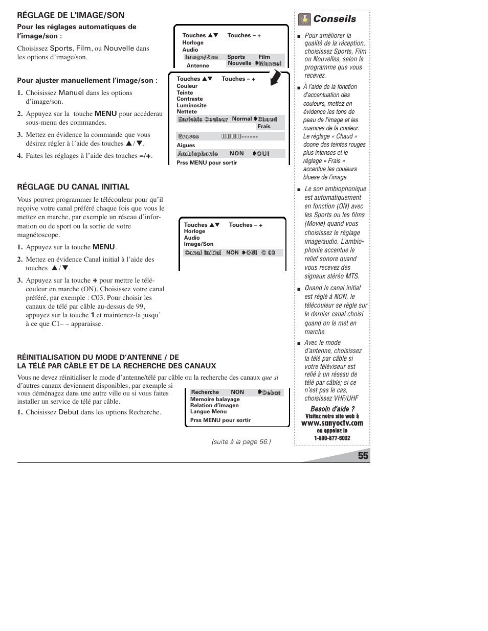 Conseils, Réglage de l'image/son, Réglage du canal initial | Bbeessooiinn dd’’aaiiddee | Sanyo DS27820 User Manual | Page 55 / 64