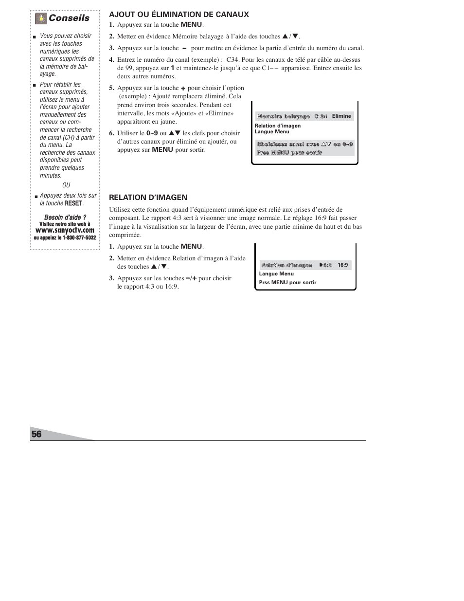 Conseils, Relation d’imagen, Ajout ou élimination de canaux | Bbeessooiinn dd’’aaiiddee | Sanyo DS27820 User Manual | Page 56 / 64