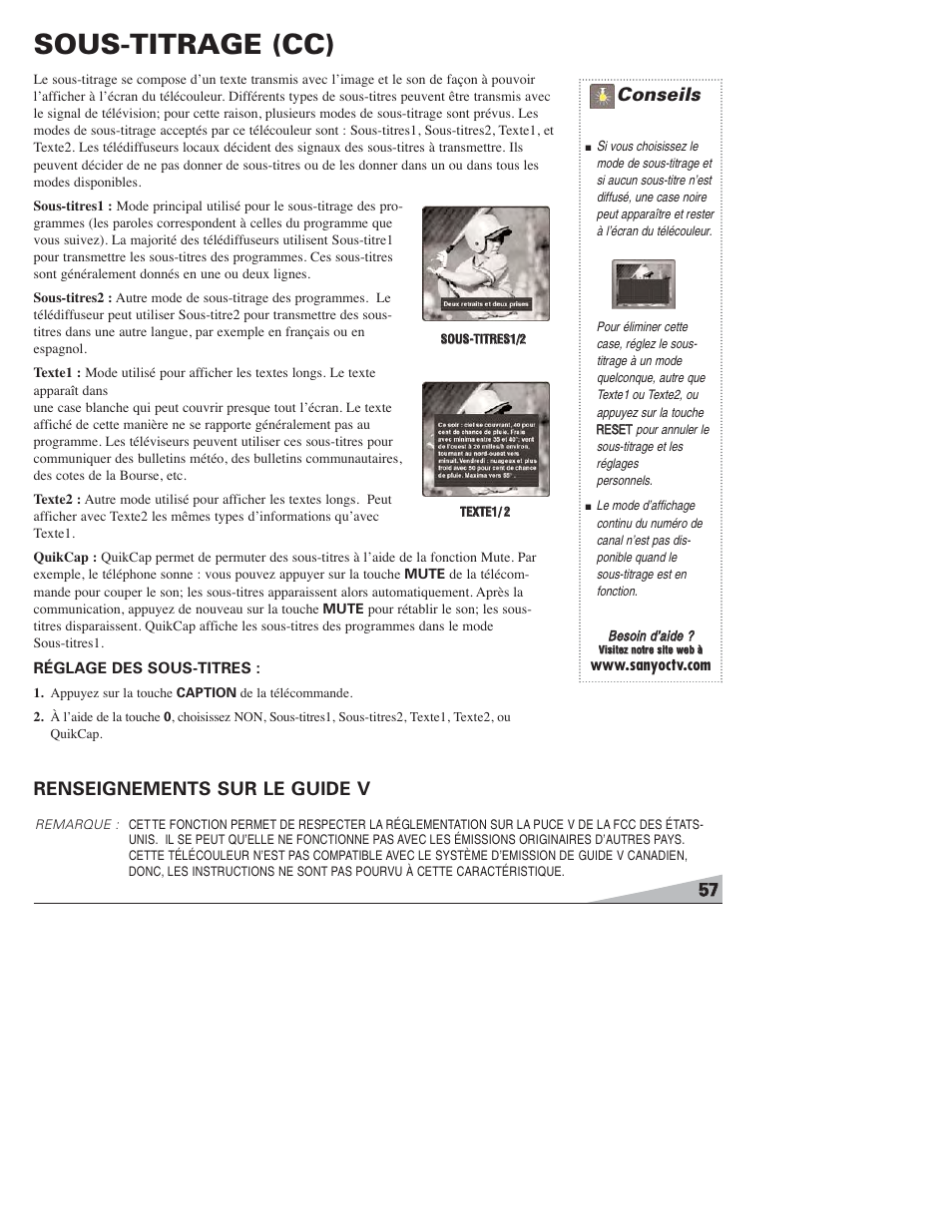 Sous-titrage (cc), Conseils, Renseignements sur le guide v | Sanyo DS27820 User Manual | Page 57 / 64