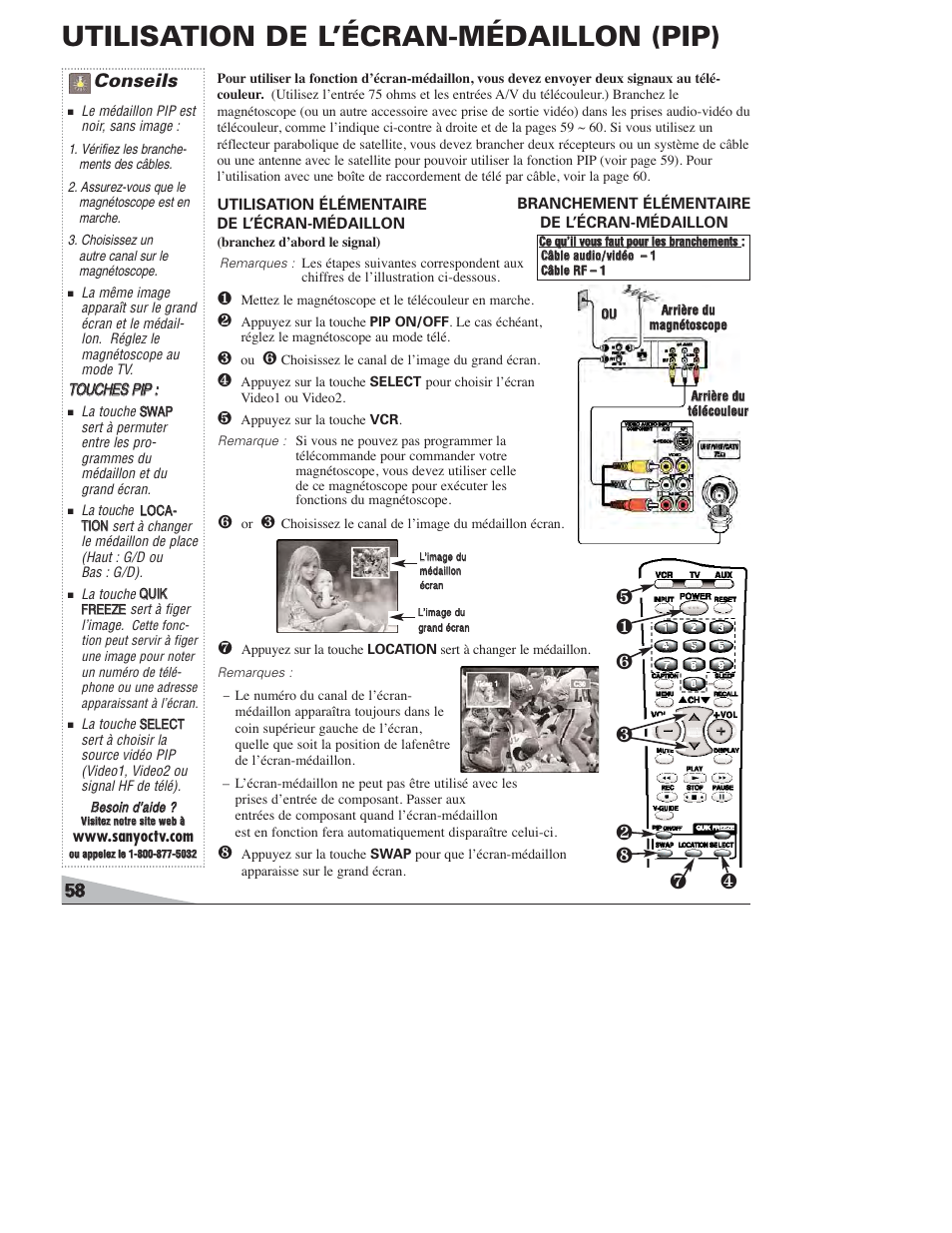 Utilisation de l’écran-médaillon (pip), Conseils | Sanyo DS27820 User Manual | Page 58 / 64