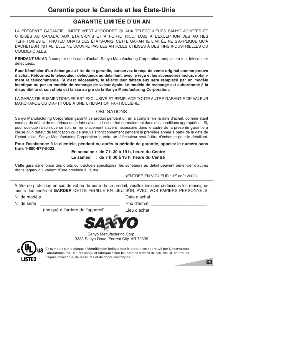 Garantie pour le canada et les états-unis | Sanyo DS27820 User Manual | Page 63 / 64
