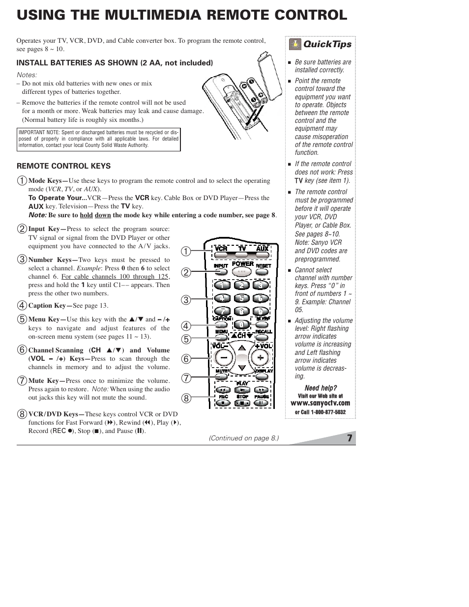 Using the multimedia remote control, Quicktips | Sanyo DS27820 User Manual | Page 7 / 64