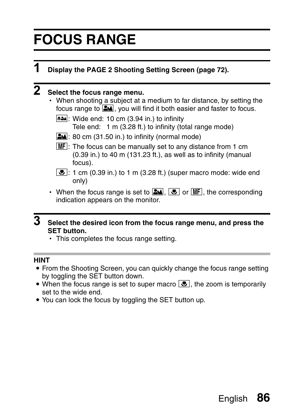 Focus range | Sanyo Xacti VPC-HD2 User Manual | Page 100 / 227