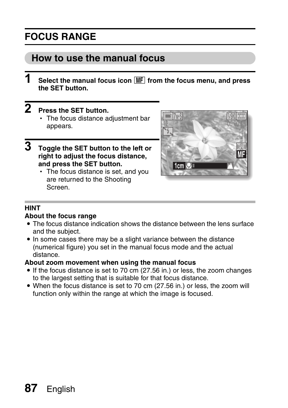 Focus range how to use the manual focus | Sanyo Xacti VPC-HD2 User Manual | Page 101 / 227