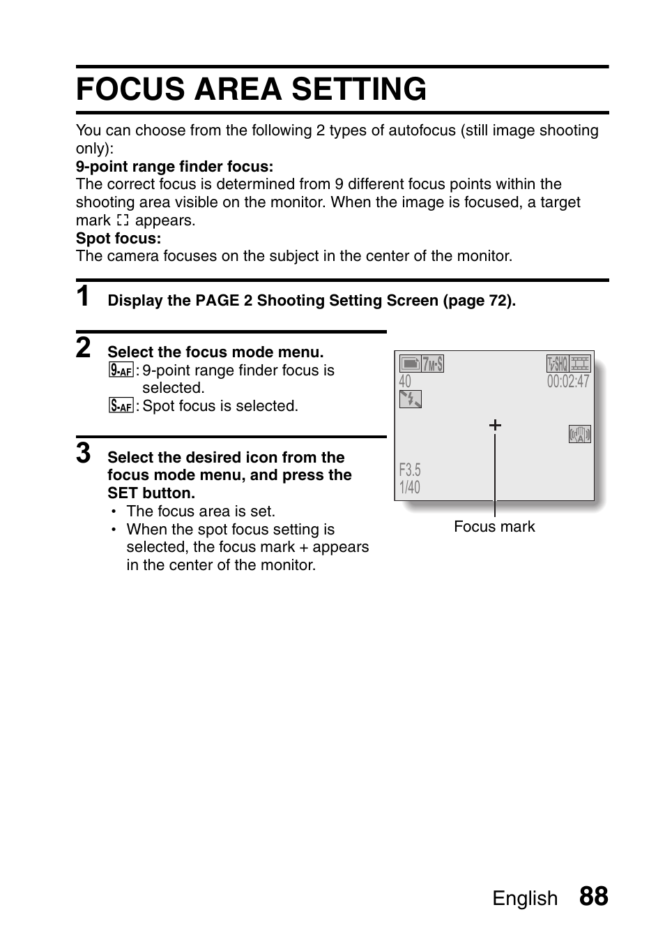 Focus area setting | Sanyo Xacti VPC-HD2 User Manual | Page 102 / 227