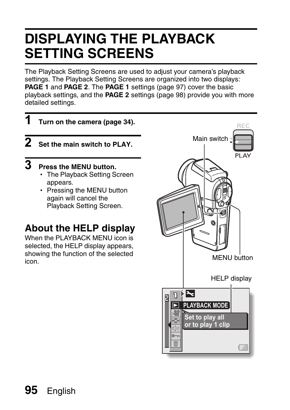 Displaying the playback setting screens, About the help display | Sanyo Xacti VPC-HD2 User Manual | Page 109 / 227
