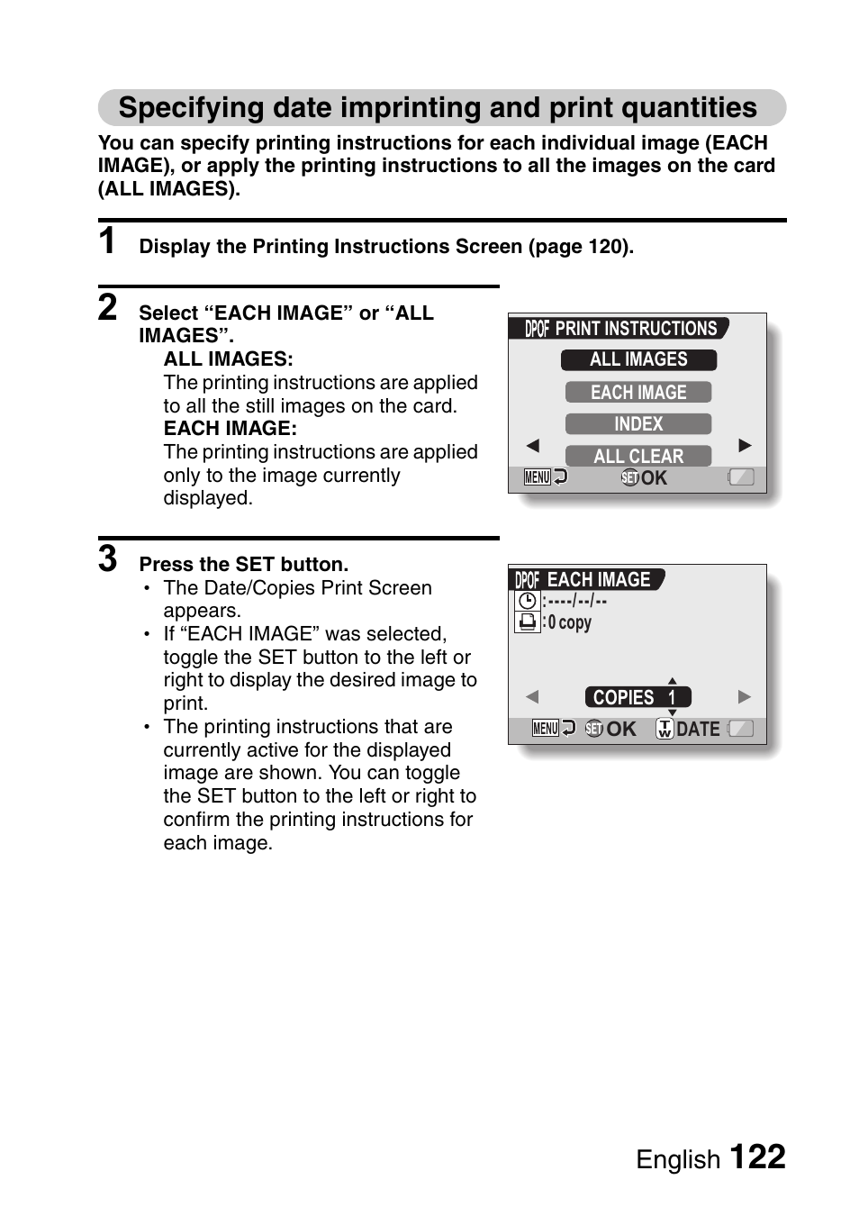 Specifying date imprinting and print quantities, English | Sanyo Xacti VPC-HD2 User Manual | Page 136 / 227