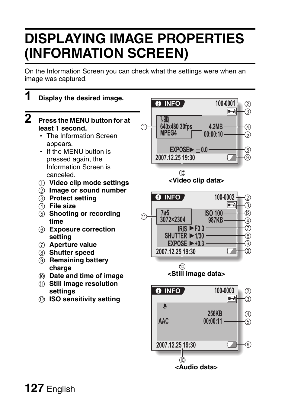 Displaying image properties (information screen), English | Sanyo Xacti VPC-HD2 User Manual | Page 141 / 227