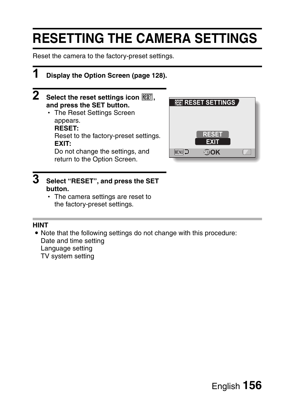 Resetting the camera settings | Sanyo Xacti VPC-HD2 User Manual | Page 170 / 227