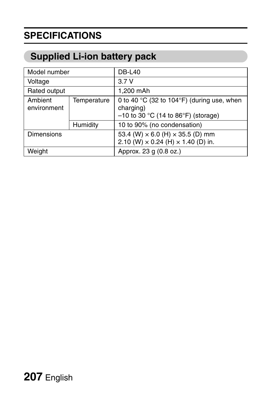 Specifications supplied li-ion battery pack, English | Sanyo Xacti VPC-HD2 User Manual | Page 221 / 227